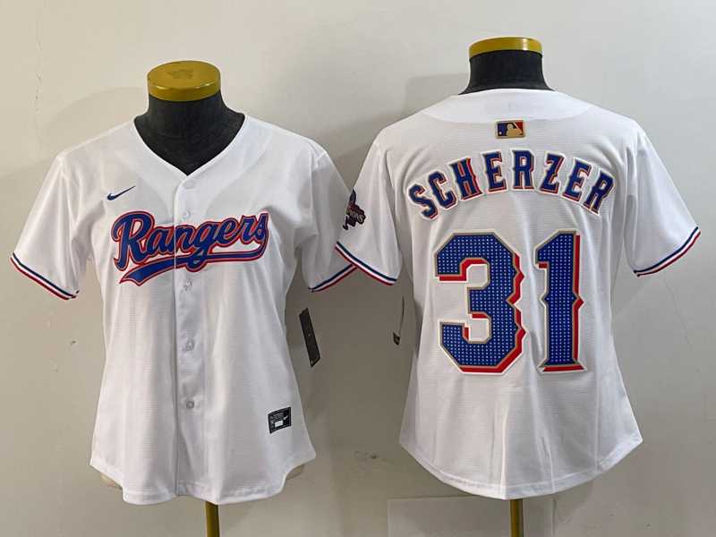 Womens Texas Rangers #31 Max Scherzer White 2024 Gold Collection Limited Cool Base Jersey